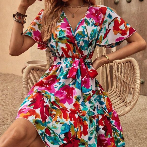 Multicolor Boho Womens Floral Print Butterfly Sleeve Ruffle Hem Belted Dress - Picture 3 of 5